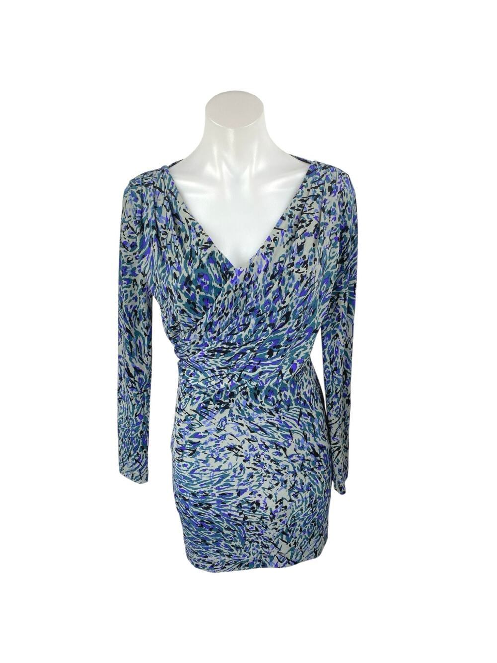 BCBGeneration Blue Abstract Long Sleeve Faux Wrap Mini Sheath Dress Size XS